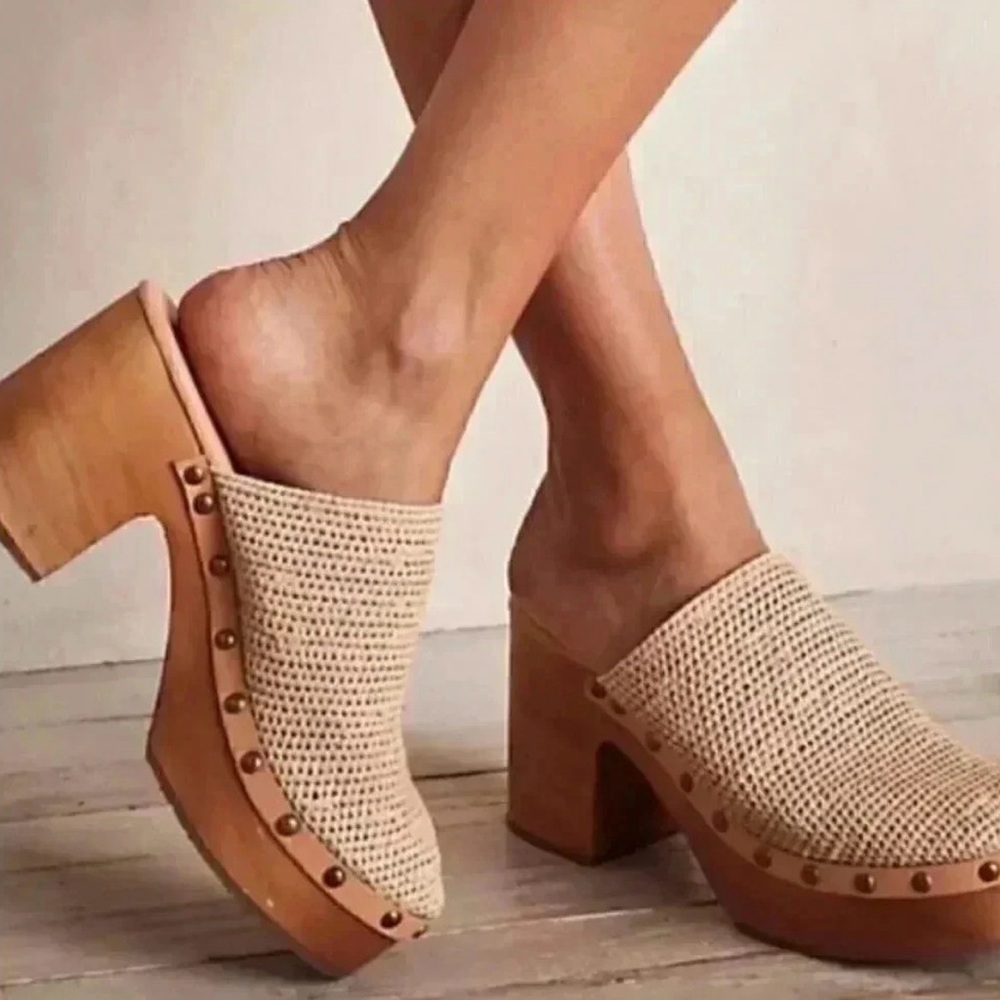 Free People Claudia Crochet Clog 7.5 | Neutral/Raffia | Boho 70’s Retro | NWOB - Picture 3 of 15